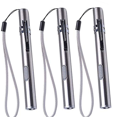 Garberiel Confezione da 3 Mini Torcia a LED, Impermeabile Medico in Acciaio INOX USB Ricaricabile Mini Torcia LED Handy Torcia a LED con Clip + USB Cavo