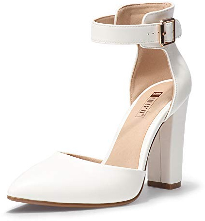 IDIFU Women's IN4 Pedazo High Block Heels Pumps Pointed Closed Toe Ankle Strap Dress Wedding Shoes (White Pu, 6 M US)