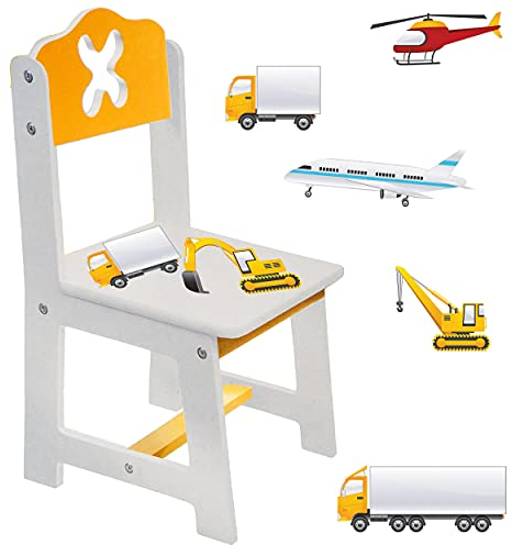 alles-meine.de GmbH 1 Stück Stuhl für Kinder - aus sehr stabilen Holz - Traktor - Auto & Bagger - weiß/gelb - Kinderstuhl - Beistellstuhl - Kindermöbel für Jungen & Mädchen -..
