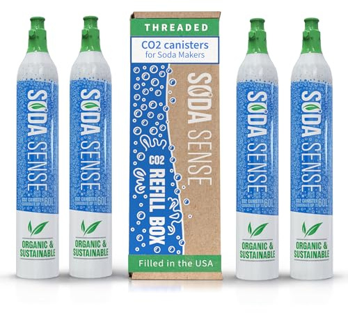 Soda Sense 60L CO2 Exchange Canister - 4 Pack, Threaded Style - Compatible with All 'Screw-In' Soda/Sparkling Water Makers, Including SodaStream BLUE Cylinder Models, Ninja Thirsti, Philips & More