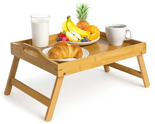 Unibos Bamboo Bed Table with Foldable Legs – Breakfast Tray for Bed, Laptop Lap Desk for Sofa, Multipurpose Snack & Serving Tray, Portable Wooden Bed Desk