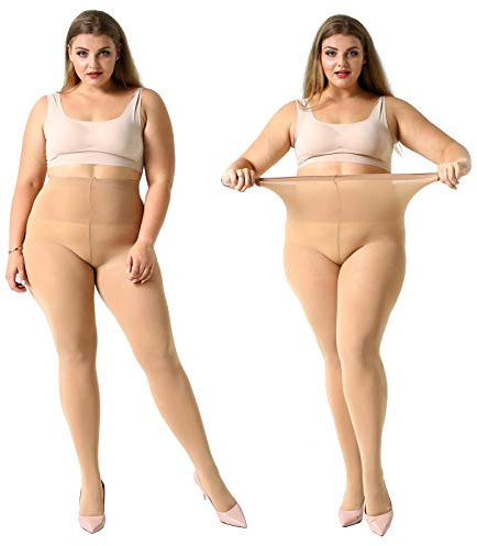 MANZI 2 Pairs 70 Denier Women's Plus Size Tights Stretch Opaque Control Top Tights Suntan X-Large