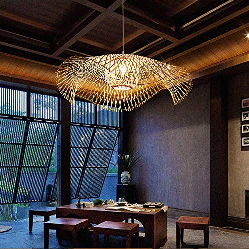 COCOL Natürliche Bambus Hängelampe Land Bambus Gewebte Lampe Höhenverstellbare E27 Beleuchtung Pendelleuchte Villa Schlafzimmer Wohnzimmer Dekoration Pendellampe Bambus Rattan Lampe,55cm