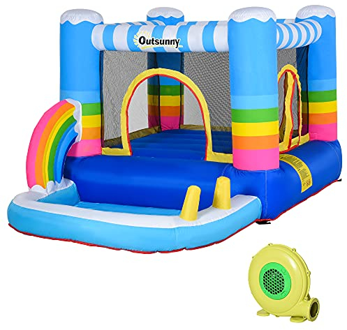 Outsunny Hüpfburg mit Gebläse Rutsche für 3 Kinder aufblasbare Springburg mit Wasserspielcenter für 3-8 Jahre Kinder Outdoor Wasserpark für Kinder Wasserhüpfburg Garten Mehrfarbig 280 x 170 x 155 cm