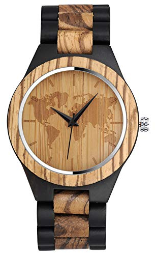 SUPBRO Holzuhren Herren Holzuhr Holz-Armbanduhr Analoge Quarzwerk Uhren Armband Natur-Holz Weltkarte