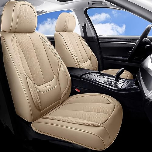 Coverado Autositzbezüge Set Autositzschoner Vorne 2 Stück | Wasserdichtes Nappaleder Auto Sitzschutz Universal Fit für die Meisten Limousinen SUV Pick-up Truck,Beige
