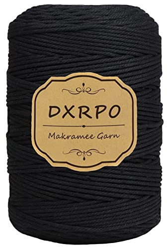 DXRPO Makramee Garn Schwarz, 3 mm x 300 m Natürliches Makramee | Baumwollgarn Macrame Cord | für Makramee Blumenampel | DIY Handwerk Pflanze Aufhänger Boho Deko