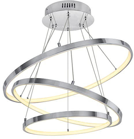 Long Life Lamp Company Futuristic LED Strip 3 Ring Pendant Light Chrome Warm White Ultra-Modern Ceiling Chandelier Round Suspended H3016