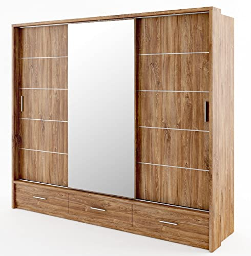 Schwebetürenschrank Kleiderschrank Schiebetürenschrank AR-01 ARTI Garderobenschrank mit Spiegel 3 Schubladen (Stirling Eiche)