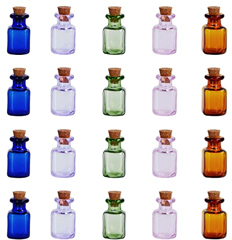 BELLE VOUS 20 Pack Assorted 2ml Mini Glass Bottles - Miniature Jars in 5 Colours With Cork Stopper Lids for Wedding/Party Favours, Wishing Bottles & Decorative DIY Arts/Crafts