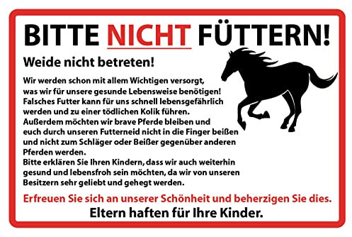 Blechschild 30 x 20 cm Pferde Warnschild: Bitte nicht füttern ! Weide nicht betreten ! Eltern haften für Ihre Kinder - DekoNo7