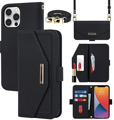 CAVOR Handykette Handyhülle kompatibel mit iPhone 12 Pro Max Hülle Mit Band,Flip Leder Geldbörse Handyhülle,[Spiegel][5 Kartenfach][Magnetisch],Klapphülle Handytasche zum umhängen - Schwarz