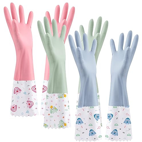 XIACIBDUS Gants de ménage, longs gants en caoutchouc, sans latex, avec doublure en coton, pour laver la vaisselle, nettoyage du linge, salle de bain, voiture (taille moyenne, 3 paires)