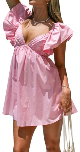 hibshaby Sexy Deep V Neck Ruffle Sleeve Mini Backless Lace Up Babydoll Summer Short Dress Pink S