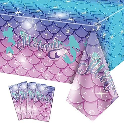 PTECDROTS 4 Pcs Mermaid Tablecloths, Rectangular Mermaid Table Covers Mermaid Table Cloths for Parties Under the Sea Baby Shower Mermaid Birthday Decorations Mermaid Party Supplies, 130 x 220cm