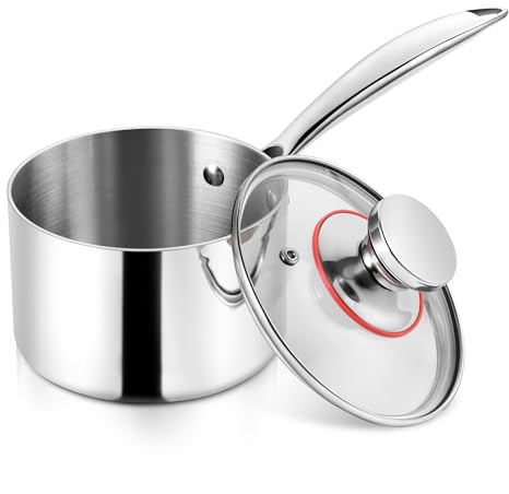 Herogo Casserole à manche 16 cm, en acier inoxydable 18/10, avec couvercle, 1,7 l, casserole à sauce, avec longue poignée, pour cuisine/restaurant, non peinte, passe au lave-vaisselle