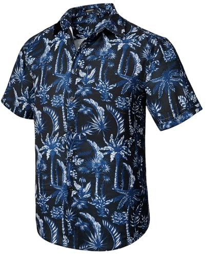 HISDERN Chemises Hawaïenne Hommes Manches Courtes Chemise Hawaiian Homme Funky Aloha Chemises Décontractée été Shirts Noir/Bleu Marine XL