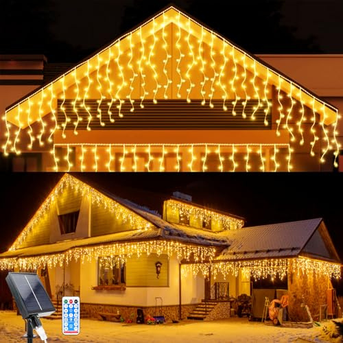 Solar Lichterkette Aussen, 3M Wasserdichte Vorhang Lichter 8 Modes 128 LEDs Eiszapfen Lichter 16 Pcs String Lichter mit Fernbedienung für Hof Garten Hochzeit Party Hausdach Weihnachtsdekoration