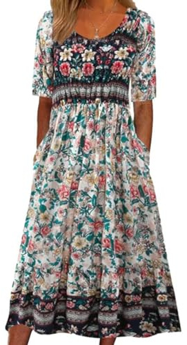 ABINGOO Femmes D'été Manches Courtes Col Rond Robes Bohème Chic Fleurie Imprimé Tunique de Plage Décontractée Midi Robe(Fleur Blanc,XXL)