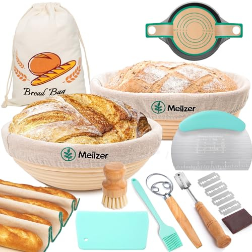 Meilzer Banneton Brotgärkörbchen, Geschenk-Set, rund, 25,4 cm und oval, 25,4 cm, Sauerteig-Schalen mit Baumwoll- und Leineneinsatz und anderen Brot-Werkzeugen und Zubehör, blaues Starter-Set für