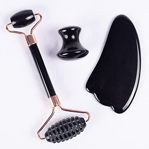 IDGTTLDF Jade-Sägezahn-Gesichtsroller, GuaSha-Werkzeug-Set, natürlicher schwarzer Obsidian-Kristallstein, 3-teiliger Sägezahn Voller Textur