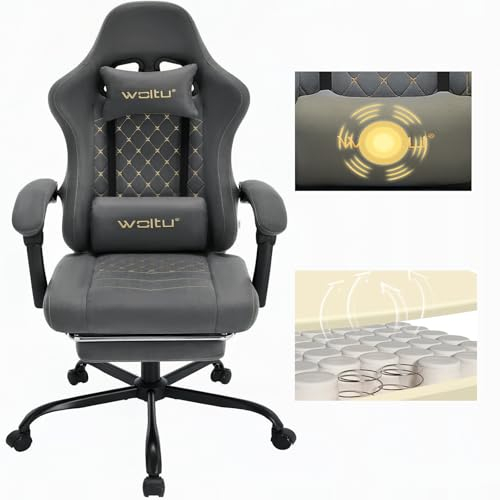 WOLTU Gaming Stuhl mit Massagefunktion, Computerstuhl Ergonomisch, Taschenfederkissen, Lendenmassage, Kopfkissen, Fußstütze, Drehstuhl, 150 kg, Tech-Stoff, Grau+Gelb