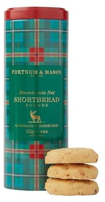 Fortnum's Macadamia Nut Shortbread Rounds in Biscuit Tin - Made by Small Family Bakery in Edinburgh - 125g Pack - Ideal for Enjoying with Tea or Gifting