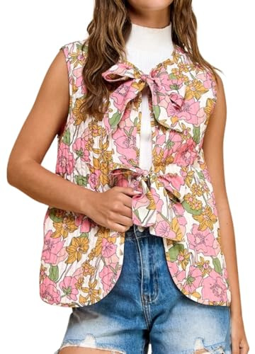 Yinawsky Women Lightweight Floral Printed Vest Sleeveless Padded Gilet Quilted Puffer Coat Bow Tie Open Front Tops(0303-Pink-S)