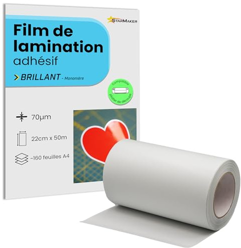 Rotolo 22 cm x 50 m A4, pellicola lucida per laminazione a freddo, foglio laminato autoadesivo per foto e adesivi, compatibile con plotter da taglio