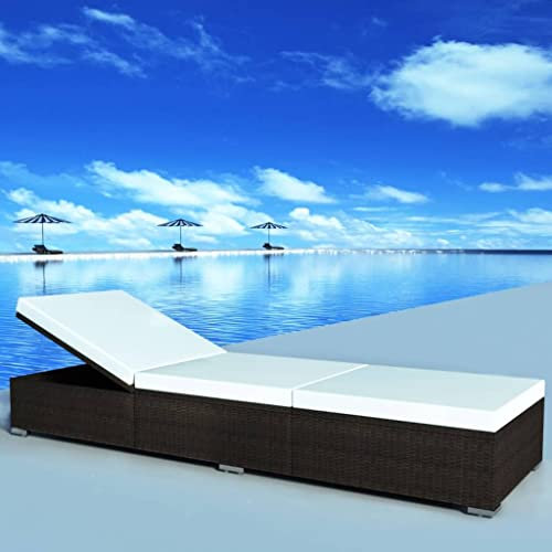 IKAYAA Garten Liege, Relax Sonnenliege, Liege Garten, Balkon Liege, Strandkorb, Liegestuhl, Garten Liegestuhl, Sonnenliege mit Auflage in Cremeweiß Poly-Rattan Braun