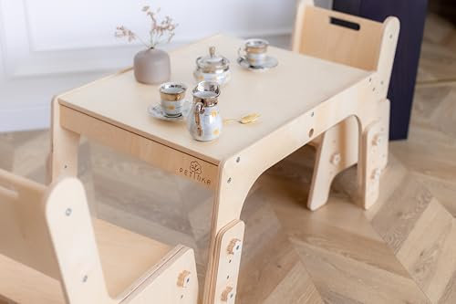 Petinka Mitwachsender Kindertisch DORI – Montessori Tisch aus Birkensperrholz, höhenverstellbar 35-43 cm, nachhaltiger Holztisch für Kinder von 1-5 Jahren, hochwertiger Kindermöbel, Farbe: Natural
