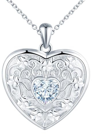 Herz Me daillon zum Öffnen für Bilder Halskette Damen Silber 925 mit Kristalle:Kleeblatt Foto Kette Bilder Anhänger Halskette-Mode Glück Amulett Schmuck-Liebe Geschenk für Frauen Mama Freundin Mädchen