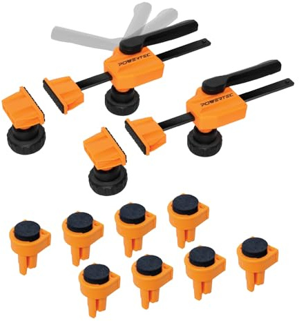 POWERTEC 72240 Bench Dog Clamps w/Bench Dogs for 3/4 Dog Holes | 2PCs Quick Clamp and Release Wood Clamps with 176lbs Clamping Force, 8PCs Durable Bench Dogs with Grommet Bench Brake Inserts