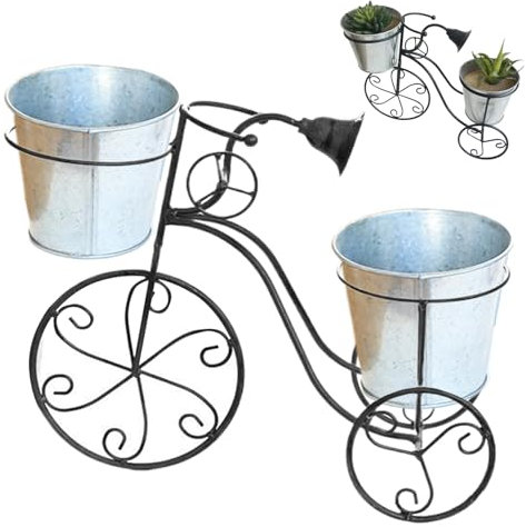 Plantador de bicicletas, soporte de plantas para bicicletas con 2 plantadores de metal carro de metal soporte de plantas escalonadas, estantes decorativos de soporte de flores decoración del esc