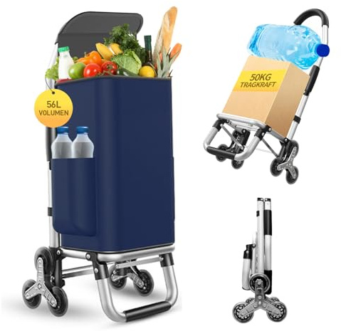 Chariot de Courses 6 Roues en Aluminium avec Sac Shopping Amovible Pliable 2 en 1 Sac Grande Capacité Chariot Montant Escalier 56 l et Une Charge Maximale de 50 kg