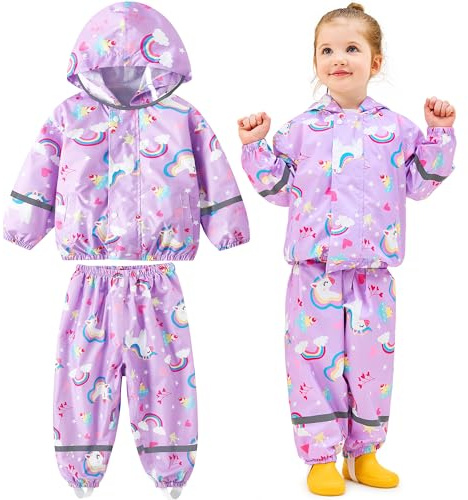 Baogaier Barn regndräkt flickor lätt vattentät jacka och byxa set med huva vindtät nätfoder regnrock och byxor 2 delar set för vandring utomhus lek regnkläder ålder 1-7 år, Lila, 6-7 År