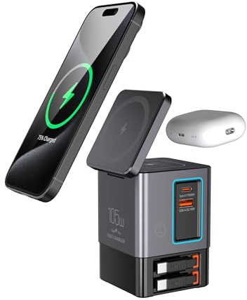 Station de charge 6 en 1 GaNFast 105 W avec chargeur sans fil 15 W, double câbles rétractables de type C de 65 W, port USB-C 20 W, USB-A 18 W, chargement des écouteurs sans fil, lumière LED tactile