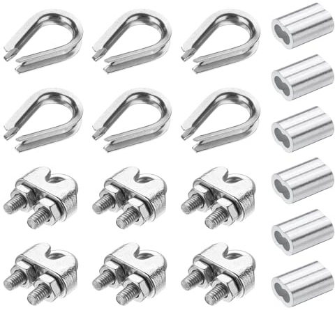 PATIKIL 18Pcs Kit M3 Cavo D'acciaio Inossidabile 304, Clip Per Cavo, Ghiera E Anello Di Crimpatura Per Cavi Da 1/8 Pollice, Argento