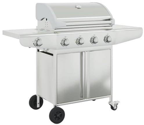 Barbecue à Gaz, Chariot Gril à Gaz avec 5 brûleurs argenté acier inoxydable