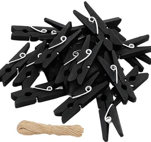 Mini Wooden Pegs, 201 PCS Black Mini Pegs And String for Photos, Durable Peg for Photos, Functional Small Wooden Peg for DIY Home Decoration Crafting Displaying Memories in Homes Offices Events