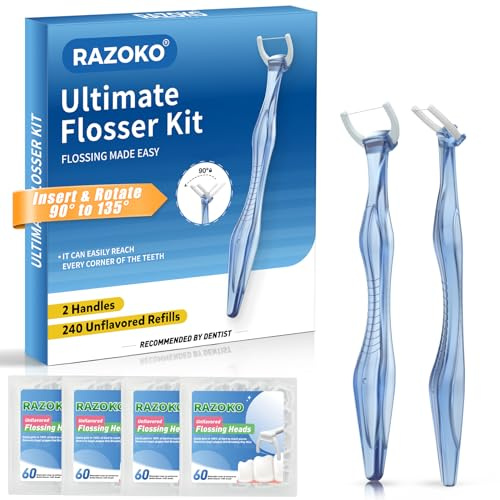 RAZOKO Flosser Kit, Shred-Resistant, Insert & Rotate 90° to 135° for Hard-to-Reach Areas, PTFE & PFAS Free, 2 Handles + 240 Refill Heads, Blue