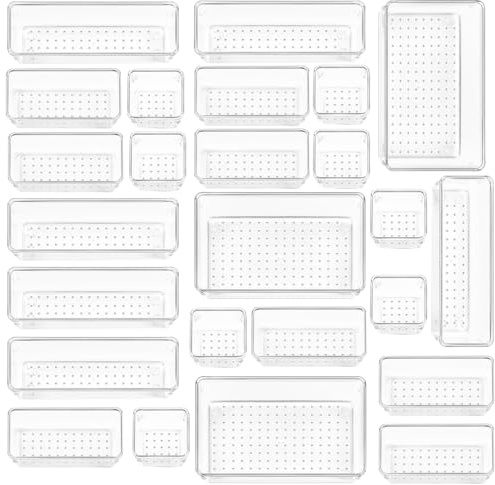 LOSYHU 25Pcs Drawer Organiser Set, 4 Sizes Clear Makeup Organizer Trays Plastic Kitchen Drawer Organiser Storage Trays for Desk Makeup Bedroom Office Versatile