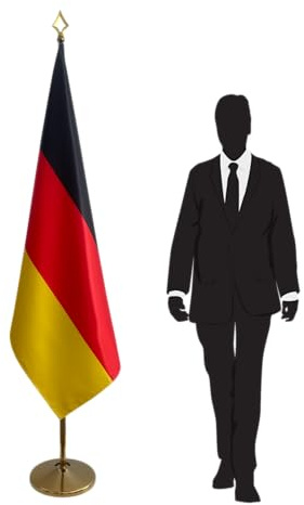 Drapeau Allemagne avec pied et mât – drapeau utilisé pour bureaux, ambassades, ministères, universités et collectivités locales. Pied Ø 360mm, inox finition dorée, hampe pointe lance. Code CN7-DE-L