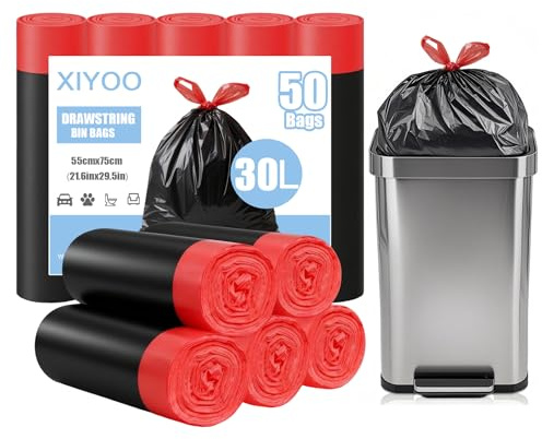 XIYOO Black Bin Bags 30L Bin Liners 50 Counts Drawstring Strong Tall Kitchen Waste Bags Plastic Garbage Bags with Tie Handle Pedal Trash Bags fit 25-35L Rubbish Bin