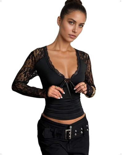 EMOTTOS Top Sexy de Encaje con Escote en V Profundo para Mujer, Tops Ajustados con Lazo Delantero Estilo Y2K, Camiseta de Manga Larga de Malla para Salir de Fiesta o IR a la Discoteca, Negro, M