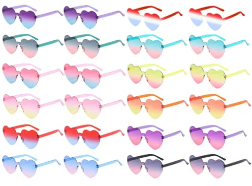 Hitopin Herz Sonnenbrille, 24 Stück Randlose Herzförmige Sonnenbrille,Randlose Hippie Herzförmige Brille,Magische Farben Party Brille,Party Sonnenbrille Herzform,für Partygeschenke Fasching Karneval