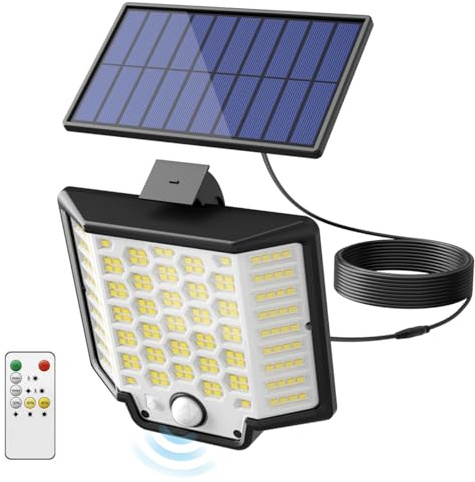 Lumières solaires extérieures, 186 LED 3000LM capteur de mouvement solaire Lumières d'inondation avec télécommande, crépuscule à l'aube LED Lumières murales de sécurité solaire avec câble (1Pack)