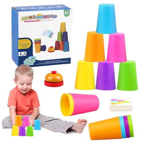Huanmin Sport Stapelbecher Spiel Set, Stacking Cups Spiel, Speed Stacking Becher mit 12 Bechern, Karten & Klingel, Becher Stapelspiel für Kinder und Erwachsene, Familienspiele (S)