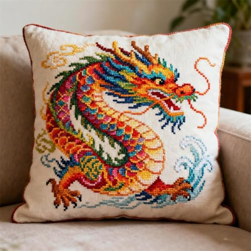 Henypt Kit Coussin Point De Croix Animal Dragon Coloré Cross Stitch Cushion Set Kit Coussin Au Point De Croix 11Ct Sans Noyau D'Oreiller Pour Débutants Et Adulte 45x45cm