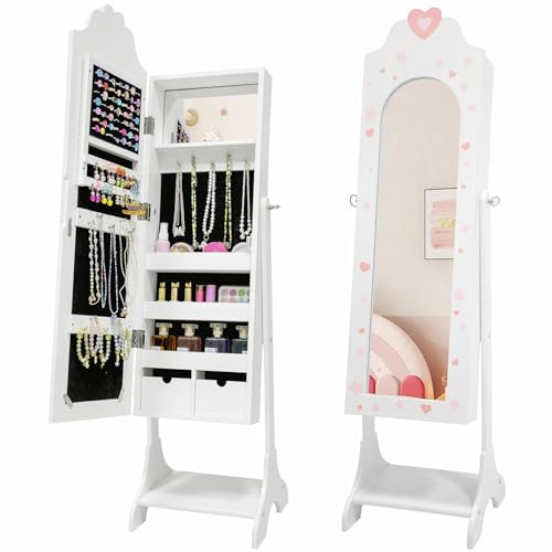 Karl home Kids Jewelry Cabinet with Full-Screen Mirror, Cute Heart Print Jewelry Box with Large Storage Capacity, Kids Vanity Dress Up Mirror Jewelry Armoire for Children Girls, White